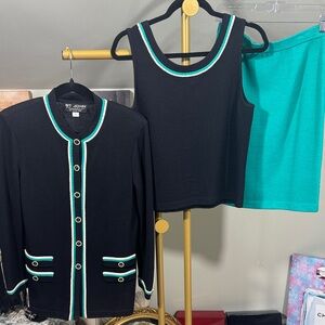 NWOT St. John Classic Navy/Teal 3 piece Jacket/Tank/Skirt Set Santana Knit